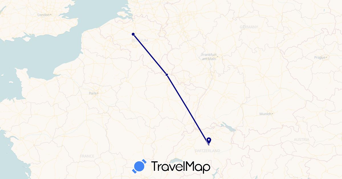 TravelMap itinerary: driving in Belgium, Switzerland, Luxembourg (Europe)